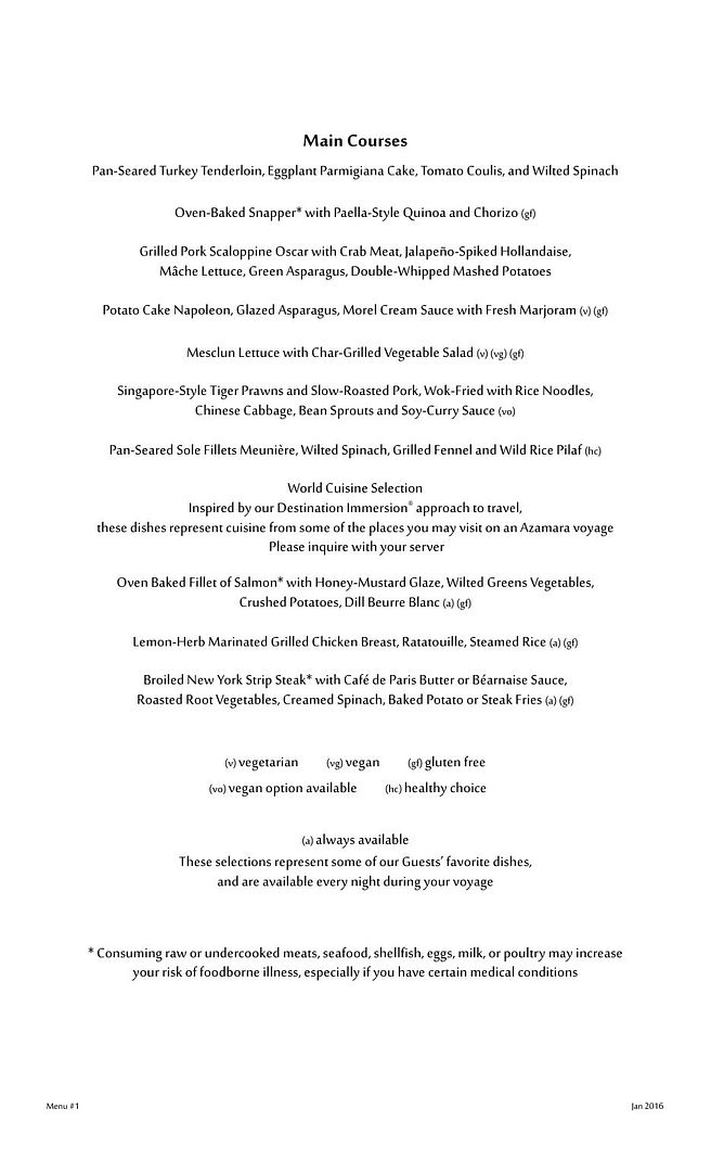 Azamara Discoveries Restaurant Menus (January 2016) Cruise Critic