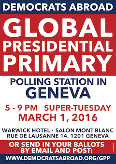 Vote #2016GPP in Geneva Poster, Super-Tuesday March1st, 5 to 9 pm at the Warwick Hotel
